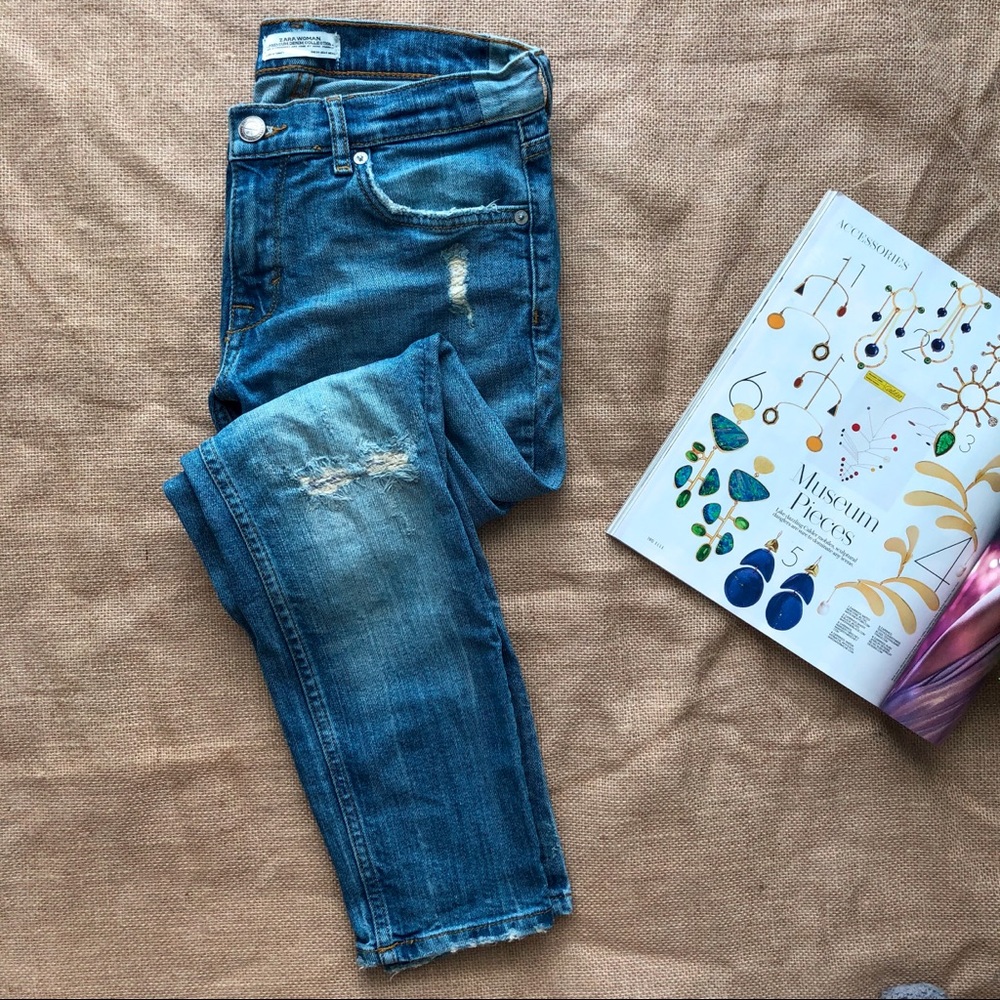 Zara Blue Distressed Boyfriend Jeans Straight 2